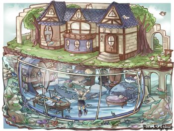 Rule 34 | 1girl, :d, arms up, bird, black bow, black skirt, black socks, book, bookshelf, border, bow, bowtie, cat, chair, chigu, closed eyes, clothes hanger, collared shirt, commentary request, commission, couch, diorama, fish, floorplan, grey hair, house, long hair, open mouth, outside border, pandora party project, plant, pleated skirt, potted plant, rabbit, shirt, skirt, slippers, smile, socks, speech bubble, stairs, stuffed animal, stuffed fish, stuffed toy, table, tree, wardrobe, water, white shirt, wings