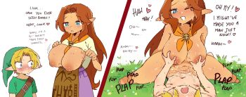 1boy 1girl 2koma age_difference blonde_hair blue_eyes blush breasts breasts_out brown_hair clothes_lift comic completely_nude cowgirl_position cremia english_text girl_on_top grabbing_another's_breast groping heart hetero highres large_breasts link long_hair lying moaning navel nintendo nipples nude on_back on_grass onee-shota open_mouth outdoors pinkmelonsfw plap pointy_ears pussy_juice sex shirt_lift shota straddling sweat the_legend_of_zelda the_legend_of_zelda:_majora's_mask vaginal young_link