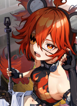 1girl ahoge animal_ears bare_shoulders bear_ears black_gloves breasts crop_top eyepatch fake_animal_ears fingerless_gloves gloves hair_between_eyes hair_ornament highres holding koleda_belobog long_hair looking_at_viewer midriff navel pants red_eyes red_hair solo sphere_hair_ornament twintails zenless_zone_zero zeno_218