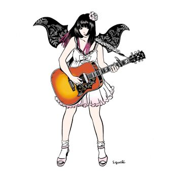 1girl acoustic_guitar bare_shoulders black_hair black_wings blunt_bangs breasts closed_mouth collarbone dress eguchi_hisashi flower frilled_dress frills full_body guitar hair_flower hair_ornament high_heel_sandals high_heels highres hime_cut holding holding_guitar holding_instrument instrument long_hair looking_to_the_side loose_socks multicolored_hair music original pink_hair pink_lips pink_sandals playing_guitar playing_instrument sandals signature simple_background socks solo standing two-tone_hair white_background white_dress white_flower white_socks wings
