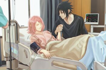 1girl 2boys absurdres bed bed_sheet black_hair black_shirt boruto:_naruto_next_generations closed_eyes closed_mouth curtains giving_birth haruno_sakura highres holding_hands hospital hospital_bed hospital_gown husband_and_wife indoors intravenous_drip long_sleeves lying multiple_boys naruto_(series) niku_(ni23ku) nurse on_back pink_hair pregnant rinnegan shirt spiked_hair uchiha_sasuke v-shaped_eyebrows window