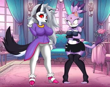 blaze_the_cat blush breasts chaosknight_1 cosplay costume_switch crossed_arms curtains embarrassed furry furry_female hellaverse helluva_boss highres loona_(helluva_boss) non-web_source rug sonic_(series) standing