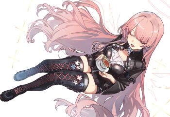 1girl absurdres arknights black_boots black_dress black_jacket black_thighhighs blush boots breasts cleavage closed_eyes cup dress ebora energy_wings hair_spread_out halo highres holding holding_plate jacket lemuen_(arknights) long_hair open_mouth pink_hair pink_halo pink_wings plate simple_background smile solo tea teacup teeth thigh_boots thighhighs thighs variant_set very_long_hair white_background wings