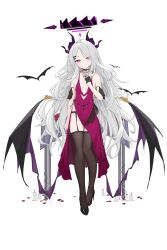 Rule 34 | 1girl, absurdres, ahoge, black halo, black thighhighs, blue archive, blush, breasts, candle, demon girl, demon horns, demon wings, fangfangtu, flower, full body, halo, highres, hina (blue archive), horns, long hair, looking at viewer, purple eyes, red flower, red rose, rose, simple background, small breasts, solo, standing, thighhighs, white hair, wings