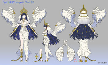 1girl a-pose ancient_greek_clothes black_hair blue_eyes blue_gem blue_hair blunt_bangs breasts chain chain_around_neck cleavage_cutout clothing_cutout colored_inner_hair colored_shoe_soles commentary_request company_name copyright_notice cross crown cuffs dress from_behind from_side full_body gem gold_bracer gold_chain gold_crown greco-roman_clothes hair_ornament high_heels hololive hololive_english large_breasts long_dress long_hair looking_at_viewer multicolored_hair multiple_views official_alternate_costume official_alternate_hairstyle official_art ouro_kronii ouro_kronii_(goddess) reference_sheet shackles shoes side_slit simple_background single_ankle_cuff sleeveless sleeveless_dress standing translation_request turnaround veil very_long_hair virtual_youtuber wada_arco white_dress white_shoes white_veil white_wings wing_covers wings