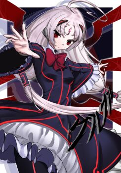 1girl ahoge black_background black_dress black_pantyhose border bow bowtie breasts closed_mouth commentary_request commission dress drop_shadow floating_hair forehead_jewel frilled_dress frilled_sleeves frills hair_tubes headgear highres huge_ahoge long_hair long_sleeves looking_at_viewer low_twintails mixed-language_commentary neon_trim outside_border outstretched_arms padoruu pantyhose red_bow red_bowtie red_eyes red_trim red_wings small_breasts solo translation_request twintails under_night_in-birth vatista_(under_night_in-birth) very_long_hair white_border white_hair wide_sleeves wings