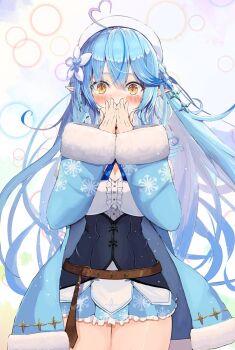1girl ahoge blue_coat blue_hair blush braid breasts cleavage cleavage_cutout clothing_cutout coat colored_tips commentary_request corset covered_mouth covering_own_mouth elf flower frilled_skirt frills fur_trim hair_between_eyes hair_flower hair_ornament hat heart heart_ahoge highres hololive large_breasts long_hair long_sleeves looking_at_viewer multicolored_hair off_shoulder pointy_ears ribbon side_braid skirt snowflake_print solo surprised tsetainsu very_long_hair virtual_youtuber white_flower white_hat wide-eyed yellow_eyes yukihana_lamy yukihana_lamy_(1st_costume)