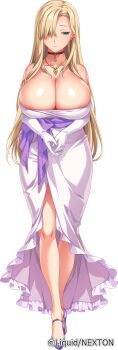 Rule 34 | 1girl, areola slip, blonde hair, blue eyes, breasts, choker, cleavage, dress, elbow gloves, female focus, full body, game cg, gloves, hair over one eye, high heels, highres, hikage eiji, huge breasts, kuroinu gaiden ~in'yoku ni oboreta shouki-tachi no monogatari~, kuroinu ~kedakaki seijo wa hakudaku ni somaru~, liquid (company), long dress, long hair, looking at viewer, official art, simple background, solo, sophia van grea, white background, white dress, white gloves