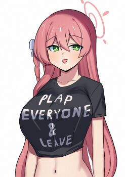 1girl absurdres alternate_costume belly black_shirt blue_archive clothes_writing english_text hair_ribbon halo hanako_(blue_archive) highres iog626 long_hair meme navel open_mouth pink_hair pink_halo plap ribbon shirt short_sleeves simple_background smile white_background white_ribbon