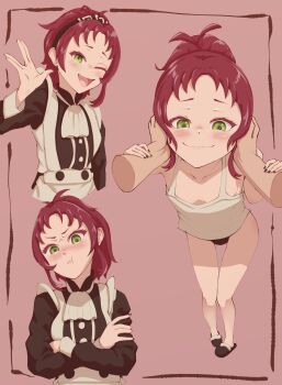 absurdres aisha_greyrat apron artist_request blush crossed_arms green_eyes hair_ornament highres maid maid_apron mushoku_tensei non-web_source red_hair shirt simple_background smile source_request white_shirt