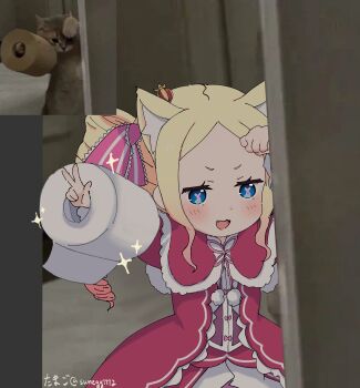 1girl :3 animal_ear_fluff animal_ears beatrice_(re:zero) blonde_hair blue_eyes blush cat cat_ears chibi commentary_request cowboy_shot crown door dress drill_hair fang hair_ribbon highres incoming_gift indoors long_sidelocks looking_at_viewer meme mini_crown open_mouth peeking_out photo-referenced photo_inset re:zero_kara_hajimeru_isekai_seikatsu red_dress ribbon sidelocks solo sparkle sunegg1112 symbol-shaped_pupils toilet_paper twin_drills twitter_username v x-shaped_pupils