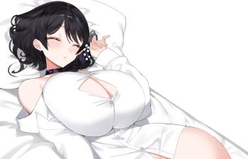 1girl artist_request bed_sheet black_choker black_hair breasts bursting_breasts button_gap choker cleavage closed_eyes huge_breasts indie_virtual_youtuber komoriya_sanaka long_sleeves mole mole_under_mouth no_pants off_shoulder pillow shirt short_hair sleeping solo virtual_youtuber white_background white_shirt