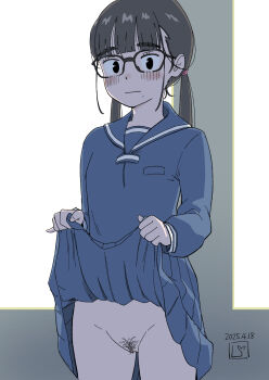 1girl blue_shirt blue_skirt blush clothes_lift dated female_focus female_pubic_hair flashing glasses highres lifting_own_clothes lithium_(pixiv5178165) looking_at_viewer mole mole_under_mouth no_panties original pubic_hair pussy school_uniform shirt skirt skirt_lift solo standing twintails
