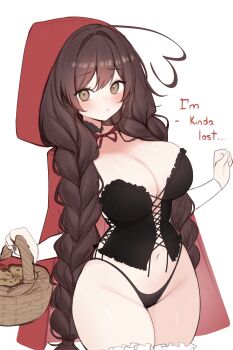 1girl ahoge basket black_corset black_panties blush braid breasts brown_eyes brown_hair cleavage closed_mouth commentary corset english_commentary english_text heart heart_ahoge highres holding holding_basket indie_virtual_youtuber large_breasts long_hair looking_at_viewer navel neck_ribbon panties red_hood red_ribbon ribbon simple_background sky_above_me sky_above_me_(vtuber) solo stomach thighs twin_braids twintails underwear variant_set virtual_youtuber white_background