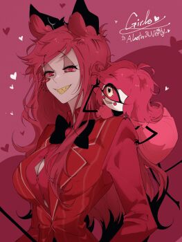 Rule 34 | 2girls, absurdres, alastor (hazbin hotel), artist name, black bow, black bowtie, blush stickers, bow, bowtie, breasts, colored sclera, dress, genderswap, genderswap (mtf), grin, hazbin hotel, heart, hellaverse, highres, jacket, large breasts, long hair, long sleeves, looking at viewer, monocle, multiple girls, niffty (hazbin hotel), pink background, ppo hzb, red dress, red eyes, red hair, red jacket, red sclera, sharp teeth, smile, striped clothes, striped jacket, teeth, upper body