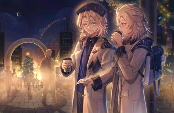 2boys albedo_(genshin_impact) bag bag_charm bench beret black_hat black_ribbon blonde_hair blue_eyes blue_shirt braid brown_coat building bush charm_(object) christmas_lights christmas_tree city clone coat collared_shirt commentary cowboy_shot crescent_moon cup disposable_coffee_cup disposable_cup ferris_wheel genshin_impact grin hair_between_eyes half_up_half_down_braid half_updo hand_up hat highres holding holding_cup holding_paper hood hood_down hooded_coat lapels lens_flare light_particles long_sleeves looking_at_another male_focus march_rly medium_hair moon multiple_boys neck_ribbon night night_sky open_clothes open_coat open_mouth outdoors paper parted_bangs primordial_albedo ribbon shirt sky smile standing star_(sky) starry_sky symbol-only_commentary tree wing_collar