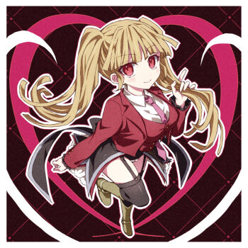 Rule 34 | 1girl, asmodeus (umineko), blonde hair, blunt bangs, blush, boots, breasts, commentary, frills, garter straps, jacket, large breasts, long hair, looking at viewer, necktie, pink necktie, red eyes, red jacket, red vest, shirt, showgirl skirt, smile, solo, stakes of purgatory, symbol-only commentary, thighhighs, thighs, twintails, umibenokurage, umineko no naku koro ni, vest, white shirt