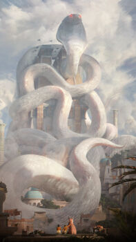 absurdres ancient_egyptian ancient_egyptian_architecture animal bobcat city cloud cloudy_sky commentary day english_commentary felixriano from_behind giant_snake glowing glowing_eyes highres leaf original oversized_animal painterly people scenery sky snake statue sunlight tower