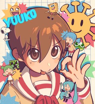 Rule 34 | 2boys, 3girls, aioi yuuko, bag, blue hair, brown eyes, brown hair, brown shorts, character name, chibi, closed eyes, closed mouth, commentary, creeper, cube hair ornament, duffel bag, english commentary, english text, food, green hair, hair ornament, hatsune miku, highres, holding, holding food, holding spring onion, holding vegetable, koiwai yotsuba, long hair, long sleeves, looking at viewer, minecraft, multiple boys, multiple girls, naganohara mio, nichijou, ok sign, peanuts (comic), puyo (puyopuyo), puyopuyo, red skirt, school uniform, short hair, short twintails, shorts, skirt, snoopy, socks, spongebob squarepants, spongebob squarepants (series), spring onion, sunnkyazawa, tokisadame school uniform, tongue, tongue out, twintails, upper body, vegetable, very long hair, vocaloid, white socks, yotsubato!