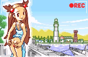 1girl anus ass bare_arms bare_legs bottomless brown_eyes brown_hair cloud come_hither cowboy_shot dock dress forest from_behind furrowed_brow hill jasmine_(pokemon) lake loli long_hair looking_at_viewer looking_back matching_hair/eyes nature nintendo pixel_art pokemon pokemon_gsc presenting pussy pussy_peek recording saiwai_hiroshi ship sky smile solo spread_ass tareme tower town tree water watercraft white_dress