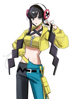 1girl :o absurdres bandeau black_hair black_pants blue_eyes blue_pants blunt_bangs canari_(pokemon) canari_(pokemon)_(cosplay) commentary_request cosplay cowboy_shot cropped_jacket elesa_(pokemon) headphones highres holding holding_own_hair jacket kairi0w0 long_sleeves mega_stone midriff navel nintendo open_clothes open_jacket open_mouth pants pokemon pokemon_bw2 pokemon_legends:_z-a short_hair_with_long_locks sidelocks solo split-color_clothes two-tone_pants white_background yellow_bandeau yellow_jacket