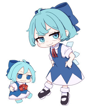 Rule 34 | 2girls, absurdres, ahoge, black shoes, blue bow, blue dress, blue eyes, blue hair, blue shoes, blush stickers, bow, bowtie, cirno, closed mouth, collared shirt, commentary request, dress, dual persona, fang, fang out, full body, fumo (doll), hair bow, highres, ice, ice wings, kame (kamepan44231), multiple girls, neck ribbon, pinafore dress, red bow, red bowtie, red ribbon, ribbon, shirt, shoes, short hair, short sleeves, skin fang, sleeveless, sleeveless dress, smile, socks, touhou, white shirt, white socks, wings