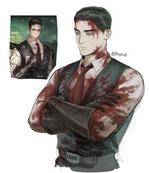 1boy artist_name belt black_hair blood blood_on_clothes blood_on_face closed_mouth collared_shirt commentary_request crossed_arms dagu_3 game_screenshot_inset highres limbus_company looking_ahead male_focus mature_male meursault_(project_moon) multiple_views necktie project_moon red_necktie screenshot_inset shirt short_hair simple_background twitter_username upper_body white_background white_shirt