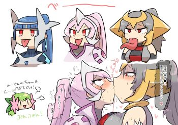 1boy 3girls blue_hair blush blush_stickers breast_press cartier_(kasugai_(de-tteiu)) commentary dialga eve_(kasugai_(de-tteiu)) fake_horns french_kiss gen_4_pokemon giratina giratina_(altered) grabbing_another's_arm green_hair grey_hair head_only heart hetero high_ponytail horned_headwear horns incest kasugai_(de-tteiu) kiss legendary_pokemon long_tongue maiden_(kasugai_(de-tteiu)) multiple_girls mythical_pokemon nasya_(kasugai_(de-tteiu)) nintendo palkia personification pink_hair pokemon ponytail puff_of_air red_eyes rolling_eyes saliva shaymin shaymin_(land) tears tongue tongue_out translated trap |_|
