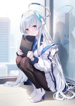 1girl absurdres black_pantyhose blue_archive blue_necktie book boots building collared_shirt commentary_request day halo head_tilt headgear high_heel_boots high_heels highres holding holding_book indoors jacket knees_to_chest legs lingshalan long_hair looking_at_viewer mechanical_halo millennium_science_school_logo miniskirt necktie noa_(blue_archive) off_shoulder pantyhose purple_eyes reflection shirt sidelocks skirt solo squatting thighs tile_floor tiles very_long_hair white_hair white_halo white_jacket white_shirt window wing_collar