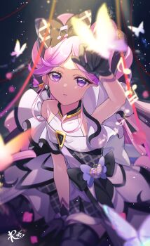 Rule 34 | 1girl, absurdres, arm up, bare arms, bare shoulders, beamed eighth notes, beamed sixteenth notes, between legs, black choker, black gloves, black hair, black socks, blurry, bubble skirt, butter, butterfly wings, choker, cure kiss, depth of field, diamond-shaped brooch, diamond (shape), dress, earrings, eighth note, food, frilled dress, frilled ribbon, frilled skirt, frilled sleeves, frills, gingham clothes, gingham dress, gloves, gradient hair, hair ornament, hair ribbon, hair tie, half gloves, hand between legs, heart-shaped lock, highres, insect wings, jewelry, kimi to idol precure, kneehighs, meroron (precure), motion blur, multicolored hair, musical note, parted bangs, pearl earrings, pink hair, pink lips, precure, puffy short sleeves, puffy sleeves, purple dress, purple eyes, reaching, reaching towards another, ribbon, rice rabbit22, short sleeves, signature, sitting, skirt, socks, solo, wings