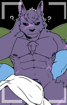 1boy ? abs absurdres animal_ears bara black_sclera chaos_zero_nightmare chinese_commentary claws closed_mouth colored_sclera commentary_request furry furry_male highres hugo_(chaos_zero_nightmare) looking_at_viewer male_focus multiple_scars muscular muscular_male navel nipples nude pectorals purple_eyes sakusaya scar scar_on_arm scar_on_face scar_on_leg scar_on_stomach wavy_mouth wolf_boy wolf_ears