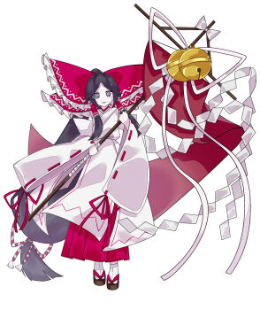 1girl @_@ absurdly_long_hair absurdres bell bow brown_eyes chihaya_(clothing) commentary_request foul_detective_satori frilled_bow frilled_hair_tubes frills full_body gensokyo's_first_hakurei_miko gohei hair_bow hair_tubes hakama hakama_skirt head_tilt highres holding holding_gohei huge_bow japanese_clothes jingle_bell kanae_mituki kosode large_bow long_hair long_skirt long_sleeves low-tied_long_hair miko no_nose okobo parted_bangs parted_lips platform_sandals ponytail red_bow red_ribbon red_skirt ribbon ribbon-trimmed_sleeves ribbon_trim sandals shide sidelocks simple_background skirt socks solo standing straight-on sweatdrop tabi tassel touhou very_long_hair white_socks wide_sleeves