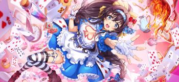 1girl ace_(playing_card) black_hair blue_eyes blue_ribbon braid card code_geass code_geass:_lost_stories eight_of_hearts f4samurai gloves highres long_hair maya_disel official_art open_mouth playing_card ribbon solo teeth ten_of_spades