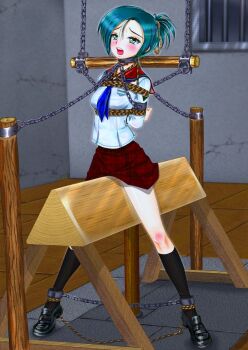 1girl aqua_eyes aqua_hair arms_behind_back bad_id bad_pixiv_id bdsm blush bondage bound cell chain collar female_focus open_mouth original ponytail predicament_bondage prison rope school_uniform serafuku short_hair solo suiryoku_nozuru wooden_horse
