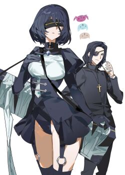 1boy 1girl absurdres black_hair blindfold commentary_request cross cross_necklace cup eyepatch fate/strange_fake fate_(series) garter_straps gloves gom_door7 hansa_cervantes highres holding holding_cup jacket jewelry juliet_sleeves korean_commentary latin_cross leotard long_sleeves maysia_kwo mole mole_under_eye necklace o-ring o-ring_garter_straps priest puffy_sleeves purple_eyes short_hair simple_background smile white_background