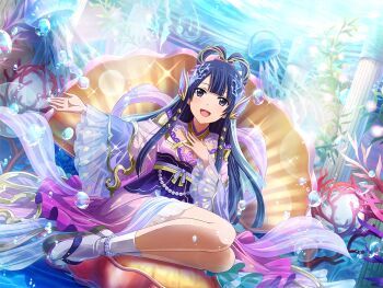 1girl air_bubble animal_ears bubble coral cosplay dress fake_animal_ears feixianji_(hairstyle) fins game_cg hair_rings hand_on_own_chest head_fins jellyfish jewelry long_hair long_sleeves looking_at_viewer obi official_art open_mouth otohime otohime_(cosplay) outstretched_arm pink_dress purple_eyes purple_hair sandals sash scallop shoujo_kageki_revue_starlight shoujo_kageki_revue_starlight_-re_live- sitting socks solo tomoe_tamao underwater urashima_tarou_(fairy_tale) white_socks wide_sleeves yokozuwari