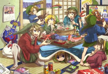 Rule 34 | 1girl, 6+boys, :3, :d, arm support, bag, bandages, barefoot, bento, blonde hair, blue eyes, blue sky, bomb, book, boots, bottle, bowl, brown footwear, brown hair, calendar (object), can, chopsticks, ciela, commentary request, day, epona, explosive, eye mask, fairy, fang, fish, from behind, game console, gauntlets, green hair, green headwear, green pants, green shirt, green tunic, green vest, grin, groose, handheld game console, haori, heart, hero's shade, holding, holding bowl, holding chopsticks, hylian shield, indoors, japanese clothes, link, lobster, long sleeves, lying, male focus, mask, master sword, midna, midna (true), multiple boys, nintendo, nintendo ds, no nose, no shoes, on back, on stomach, open mouth, paddle, pants, pantyhose, phrygian cap, pointy ears, pot, red hair, saria (zelda), scabbard, shadow, sheath, sheathed, sheikah, shield, shirt, shopping bag, shrimp, sidelocks, sky, sliding doors, smile, steam, suzumiya misa, tabard, table, tablecloth, tatami, television, the legend of zelda, the legend of zelda: a link between worlds, the legend of zelda: a link to the past, the legend of zelda: ocarina of time, the legend of zelda: oracle of ages, the legend of zelda: phantom hourglass, the legend of zelda: skyward sword, the legend of zelda: the wind waker, the legend of zelda: twilight princess, toon link, triforce, tunic, under table, vest, white pantyhose, wide sleeves, wii u, wii u gamepad, young link