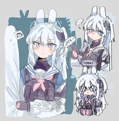 Rule 34 | ..., 1boy, 1girl, animal ears, blue archive, blue halo, blue serafuku, blush, braid, cellphone, closed mouth, crying, crying with eyes open, doodle sensei (blue archive), fake animal ears, grey hair, halo, highres, holding, holding phone, korean text, long hair, long sleeves, miyako (blue archive), neckerchief, odmised, one side up, phone, pink neckerchief, purple eyes, rabbit ears, sailor collar, school uniform, sensei (blue archive), serafuku, smartphone, spoken ellipsis, tears, white sailor collar