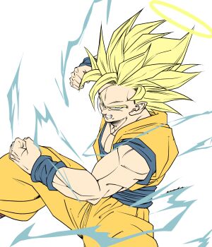 1boy absurdres blonde_hair blue_sash blue_shirt clenched_hands clenched_teeth commentary_request cowboy_shot dougi dragon_ball dragonball_z electricity halo highres male_focus medium_hair muscular muscular_male noir_illust orange_pants orange_shirt pants sash shirt solo son_goku spiked_hair super_saiyan super_saiyan_2 teeth yellow_halo