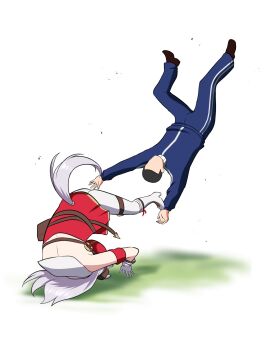 1boy 1girl absurdres altronage animal_ears blush bow breasts char's_counterattack dress ear_bow ear_covers gloves gold_ship_(red_strife)_(umamusume) gold_ship_(umamusume) gundam highres horse_ears horse_girl horse_tail long_sleeves pants purple_bow red_dress scene_reference smile sportswear tail throwing throwing_person trainer_(umamusume) umamusume white_gloves