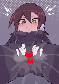 1girl absurdres aile_(mega_man_zx) black_bodysuit blush bodysuit breasts brown_hair buzzlyears censored cowboy_shot from_below green_eyes grey_background heart heart_censor highres looking_down mega_man_(series) mega_man_zx pussy_juice robot_ears short_hair simple_background small_breasts solo spread_pussy tears