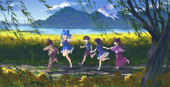 2boys 3girls :d ^_^ banjie black_shoes black_shorts blue_bow blue_dress blue_hair blue_shirt blue_skirt blue_sky blunt_sidelocks blurry bow bowl_cut brown_hoodie brown_pants brown_shoes child chinese_commentary cirno closed_eyes cloud collared_shirt commentary_request copyright_request day depth_of_field detached_wings double-parted_bangs double_bun dress field flower flower_field frilled_socks frills glasses grabbing_another&#039;s_hand hair_bow hair_bun hair_ribbon hakama hakama_skirt highres holding holding_string hood hood_down hoodie ice ice_wings japanese_clothes kite_flying long_hair long_sleeves mary_janes medium_hair mountain multiple_boys multiple_girls neck_ribbon no_socks ocean open_mouth outdoors pants pinafore_dress playing polo_shirt puffy_short_sleeves puffy_sleeves purple_hakama purple_ribbon purple_shoes red_ribbon ribbon road running shirt shoes short_hair short_sleeves shorts sidelocks skirt sky sleeveless sleeveless_dress smile sneakers socks string touhou tree twintails white_shirt white_socks wings yellow_flower