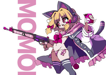 1girl animal_ear_headphones animal_ears arm_up bikini black_thighhighs blonde_hair blue_archive boots breasts cat_ear_headphones cat_ears cat_tail character_name coat commentary_request fake_animal_ears fake_tail groin gun headphones highres leg_up lowleg lowleg_bikini micro_bikini momoi_(blue_archive) muu_rian navel open_mouth pink_boots red_eyes red_ribbon ribbon rifle short_hair side-tie_bikini_bottom small_breasts solo swimsuit tail thighhighs thighs weapon white_coat