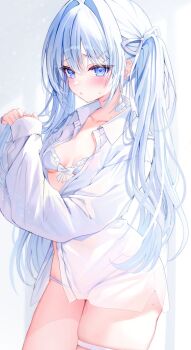 1girl bite_mark_on_leg blue_eyes blush bra breasts closed_mouth collarbone collared_shirt cowboy_shot dress_shirt hair_between_eyes hair_intakes hands_up highres hiiragi_(hr_ccr) long_hair long_sleeves looking_at_viewer open_clothes open_shirt original panties shirt small_breasts solo thigh_strap underwear very_long_hair white_bra white_hair white_panties white_shirt