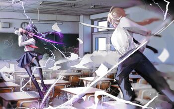1boy 1girl aether_(genshin_impact) ahoge alternate_costume arms_up black_thighhighs blonde_hair blunt_bangs braid chair chalkboard classroom clock commentary contemporary couple desk duel electricity electrokinesis english_commentary fighting floating friends from_behind genshin_impact glowing glowing_weapon hair_flowing_over holding holding_sword holding_weapon indoors katana long_braid long_hair long_sleeves mixed-sex_combat multicolored_hair musou_isshin_(genshin_impact) neckerchief notgustiarp pants paper raiden_shogun red_neckerchief sailor_collar school_chair school_desk school_uniform serafuku shade single_braid skirt streaked_hair sword thighhighs wall_clock weapon