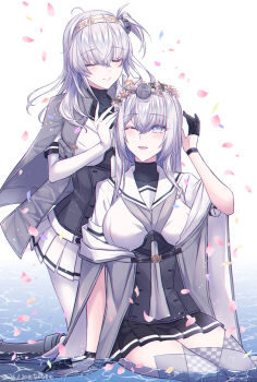2girls black_gloves black_sailor_collar black_shirt closed_eyes commentary_request fuyutsuki_(kancolle) gloves grey_hair grey_neckerchief head_wreath headband highres jacket jacket_on_shoulders kabocha_torute kantai_collection long_hair multiple_girls neckerchief one_side_up pantyhose sailor_collar shirt skirt smile suzutsuki_(kancolle) white_gloves white_headband white_neckerchief white_pantyhose white_sailor_collar white_shirt white_skirt
