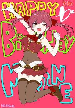 1girl arm_up arrow_(projectile) arrow_through_heart bare_arms bare_shoulders belt boots breasts brown_belt brown_boots brown_eyes brown_leotard character_name commentary_request covered_navel cropped_jacket dated fold-over_boots gloves hair_ribbon hand_up happy_birthday heart heterochromia highres hololive houshou_marine houshou_marine_(1st_costume) jacket kiritoma leotard leotard_under_clothes medium_breasts pink_background pleated_skirt red_eyes red_hair red_jacket red_ribbon red_skirt ribbon skirt sleeveless sleeveless_jacket solo text_background twintails virtual_youtuber white_gloves