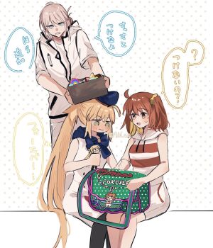 Rule 34 | 1boy, 2girls, 710 ao, ahoge, artoria caster (fate), artoria pendragon (fate), bag, bare arms, blue bow, bow, box on head, character charm, character doll, charm (object), doll, dress, embarrassed, fate/grand order, fate (series), fujimaru ritsuka (female), full body, hair ornament, hair scrunchie, hat, highres, hood, hoodie, long hair, looking at another, medium hair, multiple girls, oberon (fate), oberon (over the same sky) (fate), orange eyes, orange hair, pants, scrunchie, short hair, short side ponytail, shorts, sitting, sleeveless, sleeveless dress, sleeveless hoodie, standing, striped clothes, striped hoodie, sweatdrop, twintails, very long hair, white hoodie, white pants, white shorts, yakudo trio