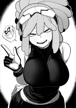 1girl absurdres bare_shoulders black_pants black_shirt blush boku_no_hero_academia breasts commentary english_commentary gloves greyscale hatsume_mei highres large_breasts long_sleeves monochrome open_mouth pants ponytail ryzz_ryzz shirt smile solo