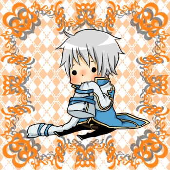 Rule 34 | 1boy, :3, arch bishop (ragnarok online), argyle background, biting, biting clothes, black pants, blue coat, chibi, chibi only, closed mouth, coat, commentary request, full body, grey hair, male focus, meiko (nattu303), orange background, pants, ragnarok online, short hair, sitting, sleeves past fingers, sleeves past wrists, smile, solid circle eyes, solo